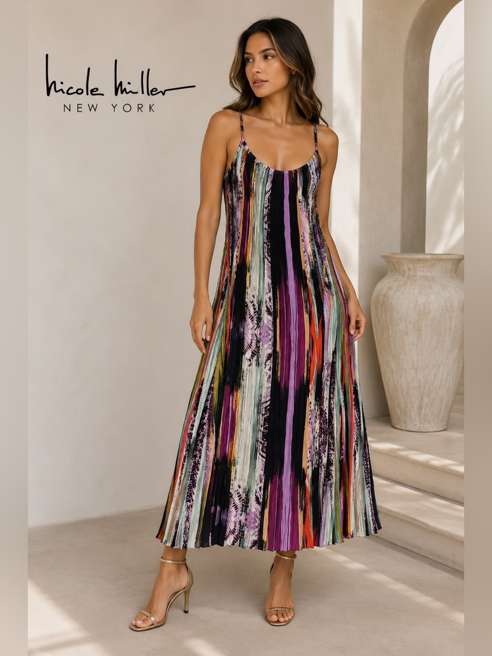 Nicole Miller New York Pleated Maxi Dress Multicolor Abstract Stripe Slip L C7